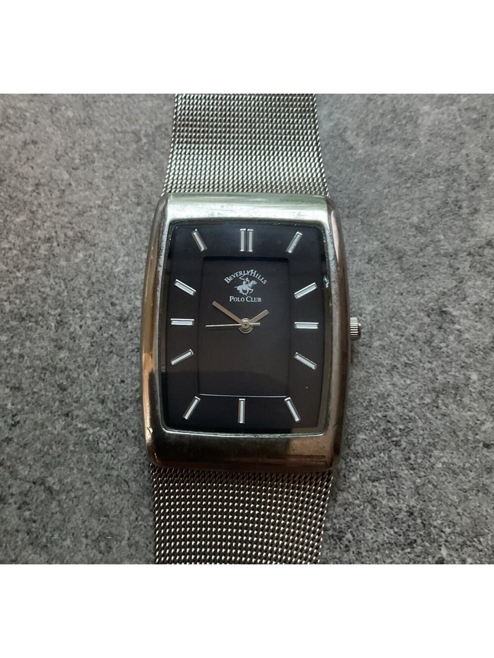 Vintage Beverly Hills Polo Club Mens Tank Style Watch 31mm Silver Tone Case A2